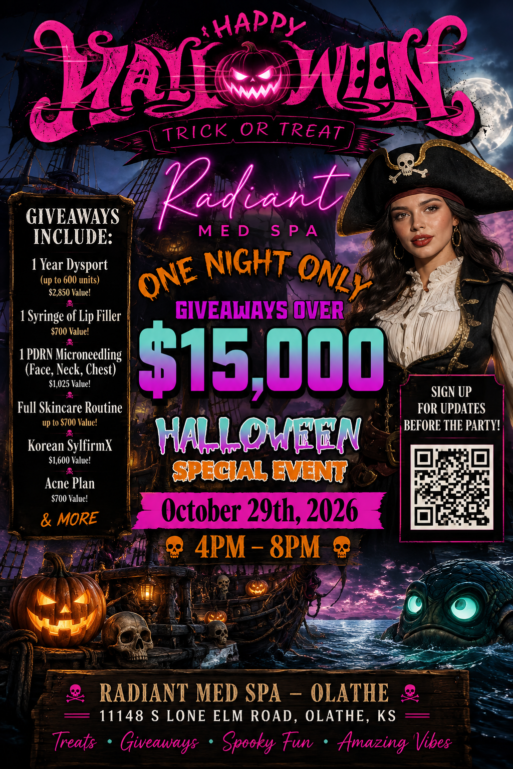 Radiant Med Spa Halloween Pirate Bash flyer — October 29th, 2026, 4PM to 8PM, giveaways over $15,000 at 11148 S Lone Elm Road, Olathe, KS