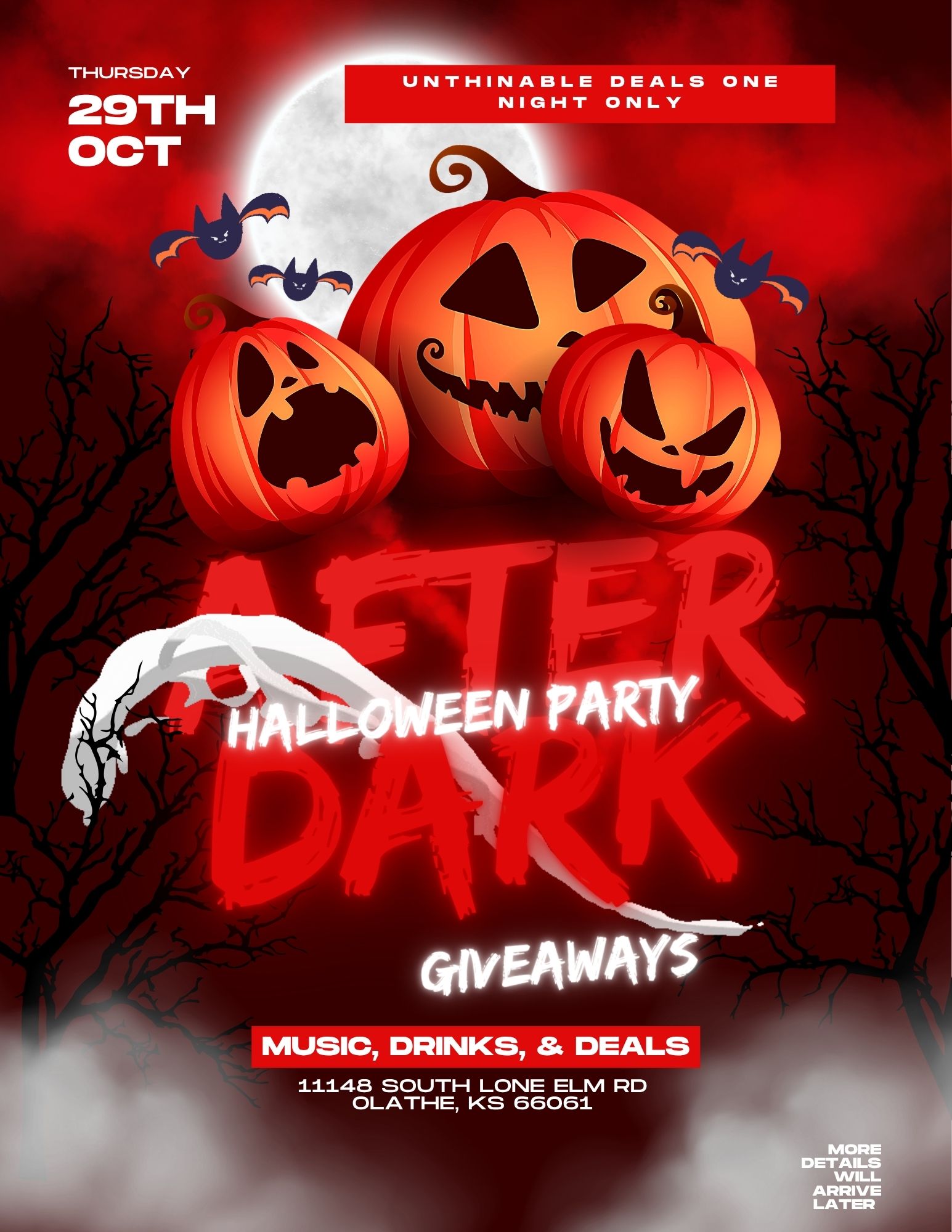 After Dark Halloween Party flyer — Thursday October 29th, music, drinks, deals, and giveaways at 11148 South Lone Elm Rd, Olathe, KS